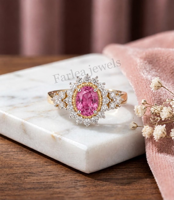 Vintage Oval Pink Sapphire Engagement Ring, Gold Halo Art Deco Promise Ring, Unique Anniversary Gift for Her, Handmade Statement Ring.