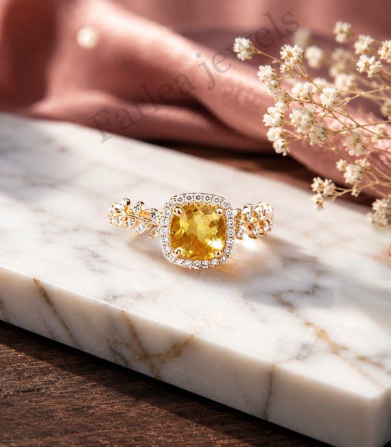 Yellow Sapphire Cushion Cut Ring, Marquise Side Stones, Gold Floral Leaf Design