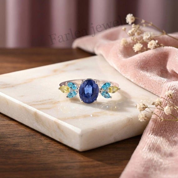 Blue Sapphire Ring, Swiss Sky Topaz & Yellow Sapphire, Sterling Silver September Birthstone Jewelry