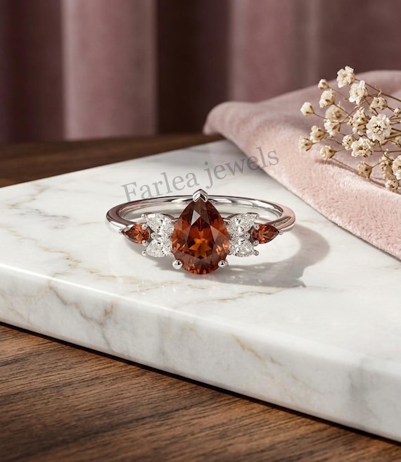Vintage Cognac Diamond Engagement Ring, Pear Cut Brown Diamond Ring, Cluster Moissanite Wedding Ring, Teardrop Promise Ring Gift for Her.