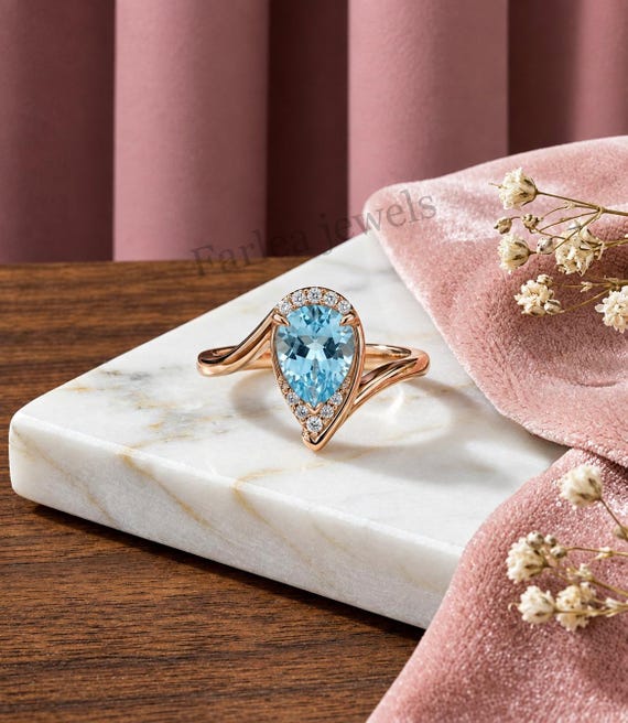 Pear Shaped Aquamarine Ring, Rose Gold Halo Bypass Engagement Ring, Teardrop Blue Gemstone Promise Ring, Vintage Art Deco Statement Ring