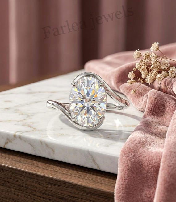Oval Moissanite Bypass Ring, Sculptural Wave Band, 14K White Gold Solitaire