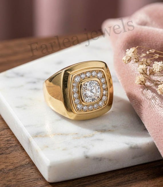 14K Yellow Gold Cushion Moissanite Halo Signet Ring, Bold Statement Band for Him