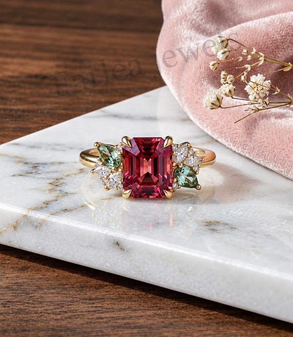 Emerald Cut Pink Tourmaline Cluster Ring, Green Sapphire Accent, 925 Silver Statement Ring