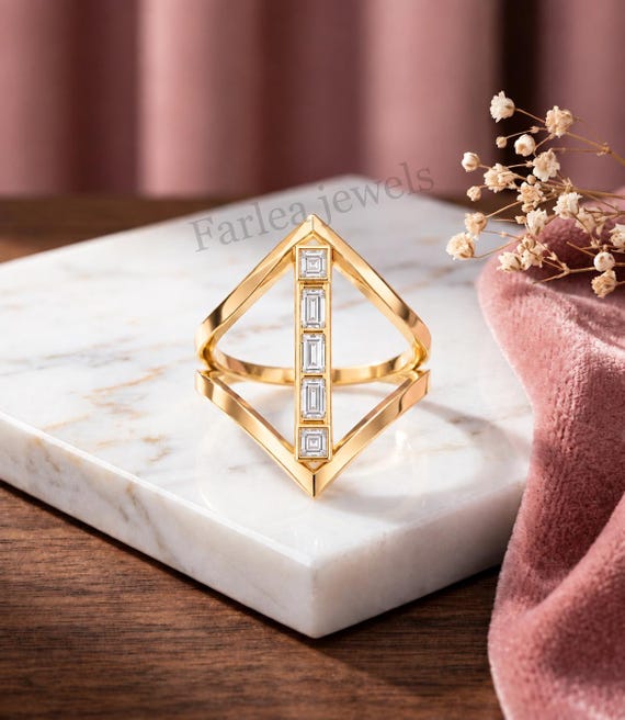 Geometric Baguette Diamond Statement Ring, 14K Gold, Architectural Open Split Band Ring, Modern Moissanite Cocktail Ring For Rich Women.