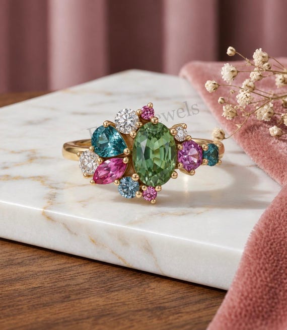 Multi Gemstone Cluster Ring, Green Tourmaline Sapphire Ring, 14K Gold Asymmetrical Engagement Ring, Colorful Diamond Statement Ring for Her.