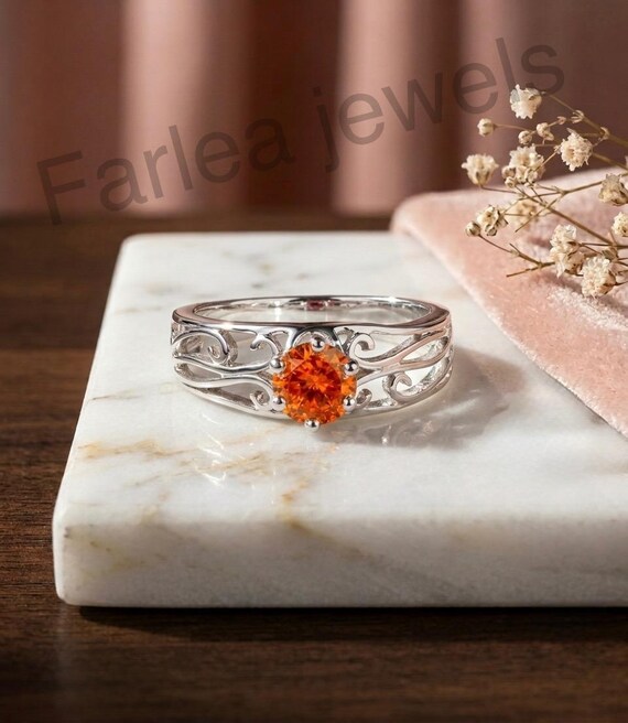 Vintage Orange Sapphire Ring, Sterling Silver Filigree Band, Art Deco Solitaire