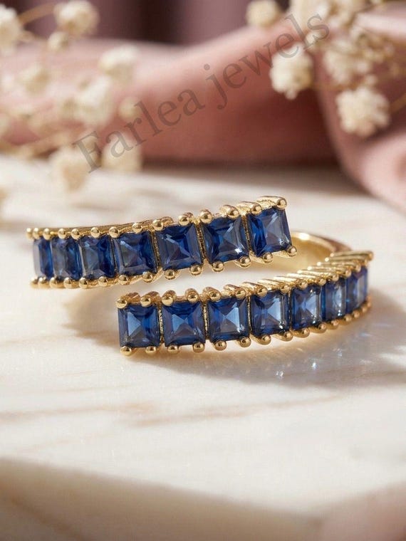 Blue Sapphire Square Cut Ring, Gold Tone Stackable, Vintage Inspired Gemstone (2.5mm)