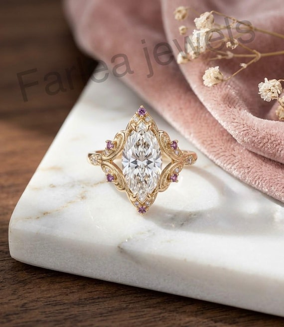 Vintage Marquise Moissanite Amethyst Filigree Ring, Gold Tone Statement Jewelry