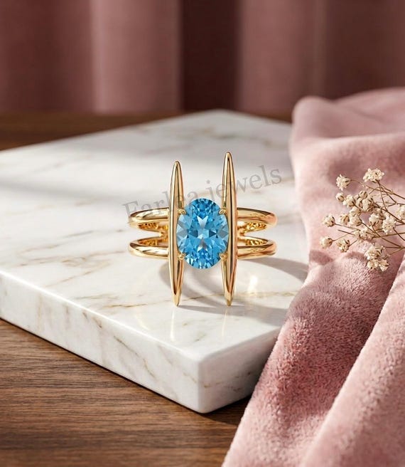 Paraiba Color Tourmaline Ring, 14K Gold Spike Statement Ring, Modern Geometric Oval Cyan Gemstone Ring, Unique Luxury Gift For Her.