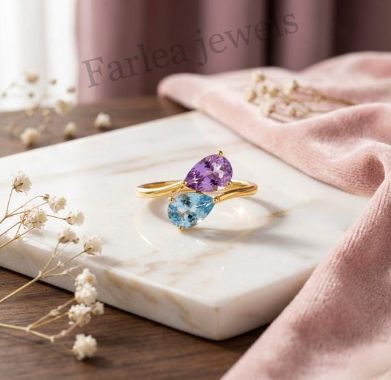 Amethyst Aquamarine Two-Stone Ring, Purple Blue Gemstone Cocktail Ring, Gold Tone Setting