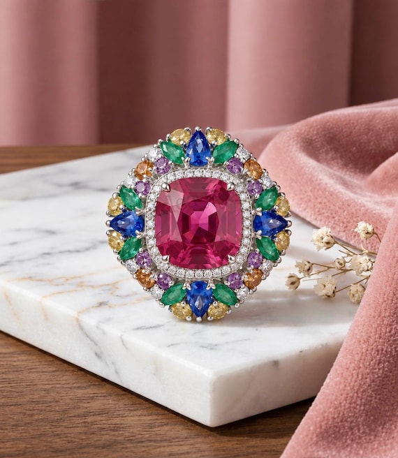 Art Deco Pink Tourmaline Cocktail Ring, Multi-Gemstone Halo Statement Ring (925 Sterling Silver)
