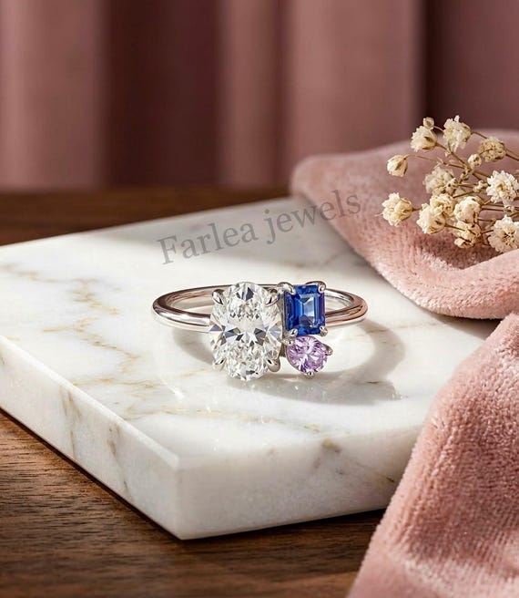 Unique Asymmetrical Engagement Ring, Oval Cut Moissanite With Blue & Pink Sapphire Cluster, 14K Solid Gold Promise Ring, Gift For Her.