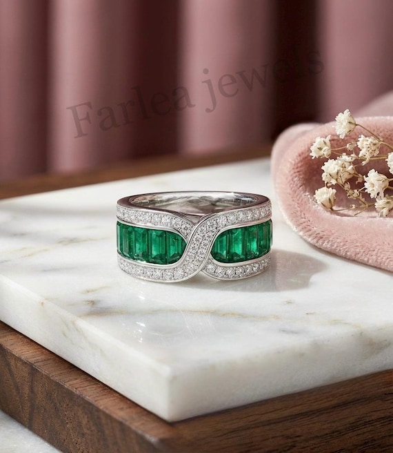 Emerald Baguette Crossover Band, Moissanite Infinity Wave Ring, May Birthstone Gift