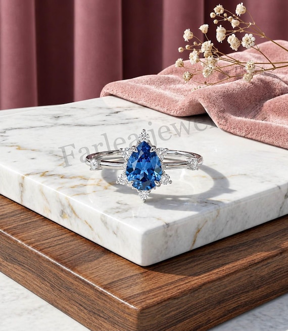 Pear Cut Blue Topaz Ring, Cubic Zirconia Accent, Elegant Statement Jewelry