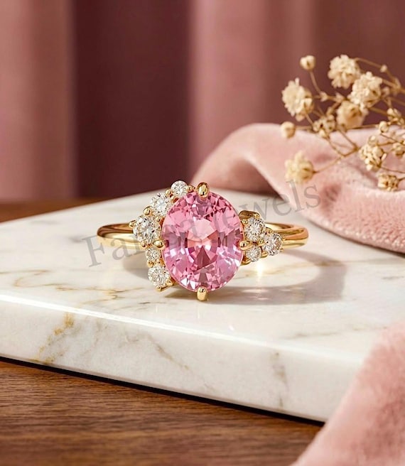 Oval Pink Sapphire Moissanite Ring, Floral Statement Jewelry, Gift for Her