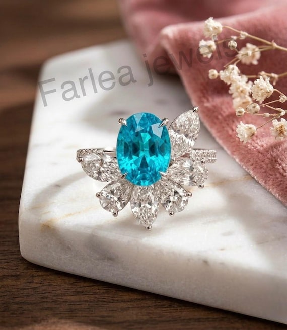 Oval Paraiba Blue Tourmaline Ring, Asymmetrical Floral Cluster Moissanite Halo (925 Silver)