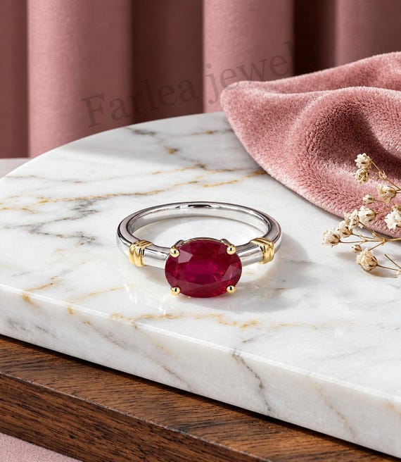 Oval Ruby Solitaire Ring, Two-Tone Silver Gold Accent, East-West Setting (July Birthstone)