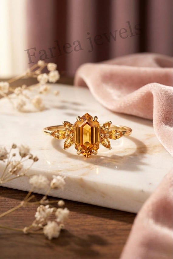 Handmade Hexagon Cut Citrine Ring, Art Deco Marquise Cluster, Yellow Gold Engagement Alternative
