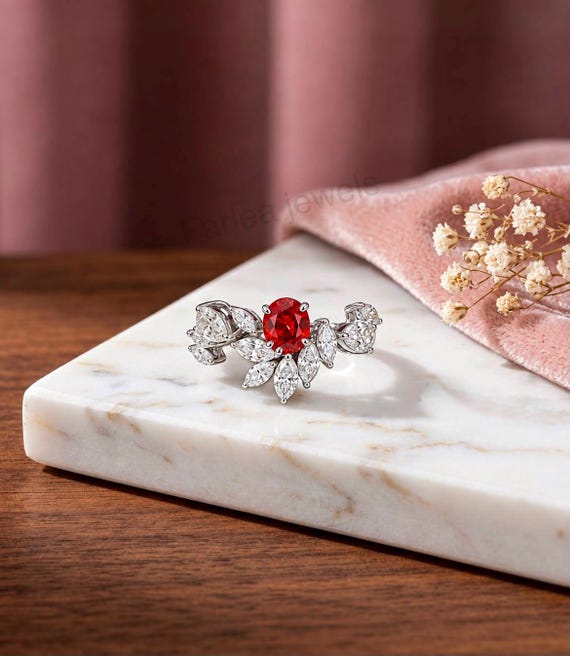 Red Ruby Engagement Ring Vintage Oval Cut Ruby Ring Sterling Silver Marquise Moissanite Cluster Ring Art Deco Anniversary Gift for Her