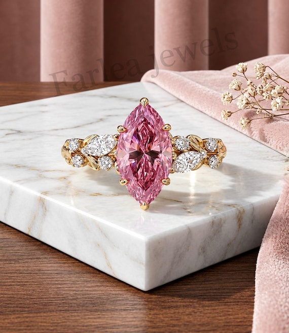 Marquise Pink Sapphire Leaf Engagement Ring, Floral Cluster Design, Sterling Silver