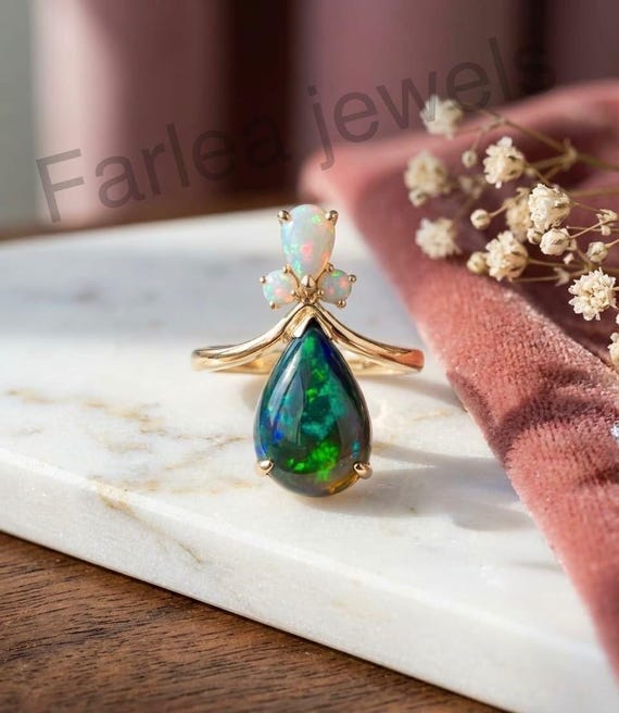 Handcrafted Black Opal Tiara Ring, Pear Cut, Ethiopian Fire Opal Crown, October Birthstone