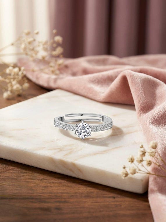 6mm Moissanite Sterling Silver Open Band Ring, Sparkling Promise Jewelry