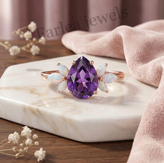 Pear Cut Amethyst Opal Flower Ring, Rose Gold Statement Jewelry