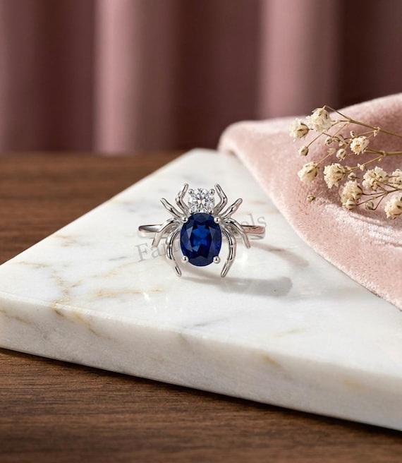 Sterling Silver Amazing Spider Ring, Blue Sapphire Center, Moissanite Accent, Gothic Statement Jewelry, For Die Hard Fan Of Marvel.