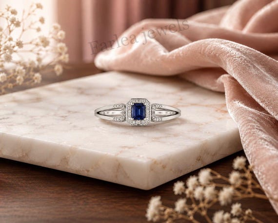 Blue Sapphire Octagon Ring, Silver Tone Halo Setting, Vintage Inspired Jewelry