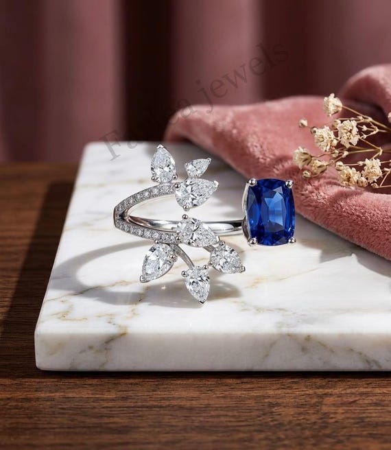 14K White Gold Bypass Ring, Cushion Cut Sapphire, Pear Cluster. Floral Wedding Band.