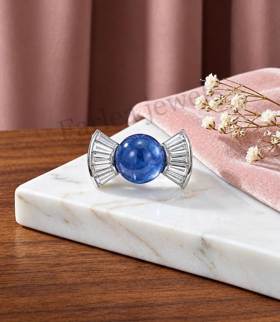 Blue Sapphire Candy Ring, Sterling Silver Baguette Cocktail Ring, Art Deco Bow Design