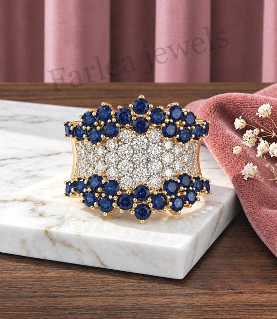 14K Gold Blue Sapphire Moissanite Wide Band Ring, Pave Diamond Cocktail Ring