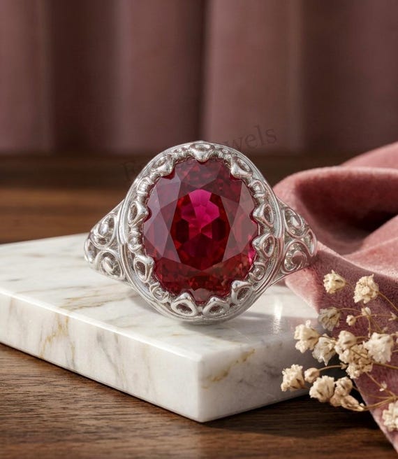 Vintage Oval Ruby Ring 925 Sterling Silver, Victorian Crown Filigree Signet Ring for Men & Women, Red Gemstone Statement Ring, Gift for Him.