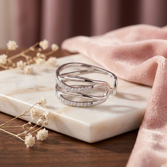 925 Sterling Silver Crossover Ring, Sparkling Pavé Band, Modern Wrap Design