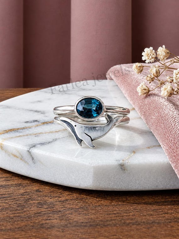 London Blue Topaz Whale Ring Set 925 Sterling Silver, Whale Tail Stacking Ring, Nautical Marine Life Animal Ring, Ocean Wave Jewelry Gift.