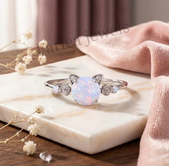 7mm Round Opal Cat Ring, 3mm Side Opals, Diamond Accents, Whimsical Animal Jewelry