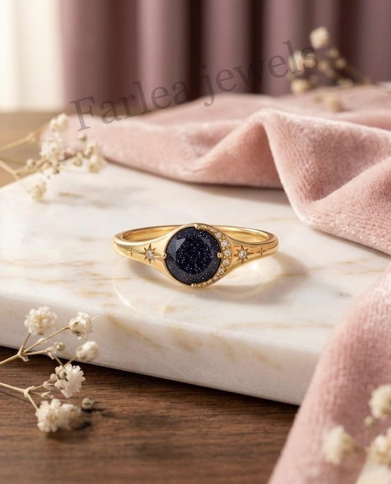 Blue Sandstone Celestial Ring, Gold Crescent Moon, Starburst Band (6mm)