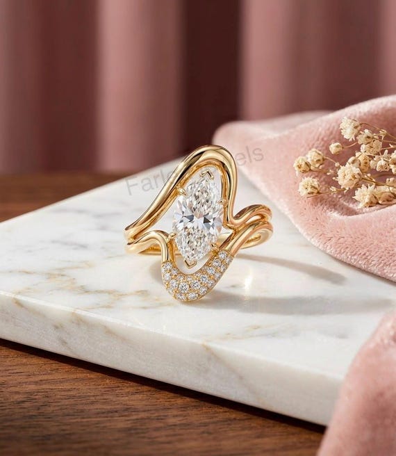 Unique Marquise Cut Diamond Engagement Ring Set, Curved Wave Pave Band, 14K Gold Bridal Set, Solitaire Ring with Matching Nesting Ring.