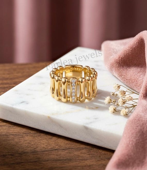 18K Gold Plated Chunky Wide Band Ring, Pave  Moissanite Statement Ring, Openwork Beaded Gold Ring for Women, Modern Luxury Jewelry Gift.