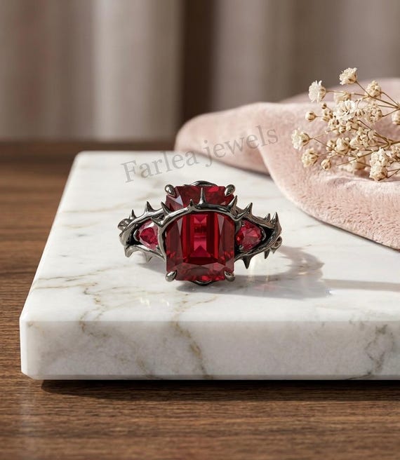 Gothic Red Ruby Thorn Ring, Emerald Cut Blood Red Gemstone Engagement Ring, Sterling Silver Dark Romance Crown Ring,Alternative Jewelry Gift