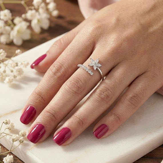 Sterling Silver Marquise Moissanite Flower Ring, Dainty Open Band Engagement Jewelry