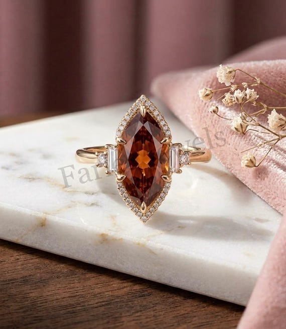 Burnt Honey Hessonite Ring, Marquise Gemstone with Moissanite Baguettes, Elegant Statement Jewelry.