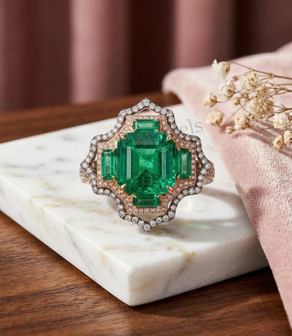 Victorian Style Emerald Engagement Ring For Women, Emerald Cut Statement Ring, Art Deco Two Tone Halo Ring, Promise Gift Ring For Her.