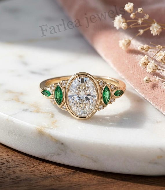 Oval Moissanite Bezel Engagement Ring, Art Deco Emerald Leaf Filigree (9x7mm)