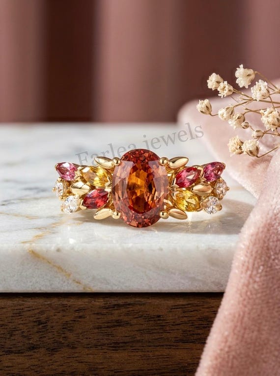 Vintage Oval Hessonite Garnet Engagement Ring, Multi Gemstone Cluster Band Ring, 14K Solid Gold Floral Ring, Statement Ring For Women.