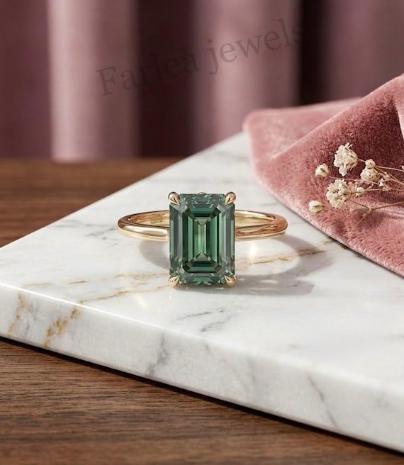 Emerald Cut Green Tourmaline Ring, Rectangular Step-Cut Gemstone, Gold-Tone Setting