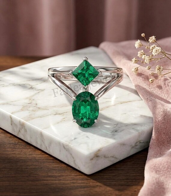 Vintage Emerald Antique Ring, Oval & Square Cut Green Emerald Two Stone Engagement Ring, 925 Sterling Silver Promise Ring Gift for Her.