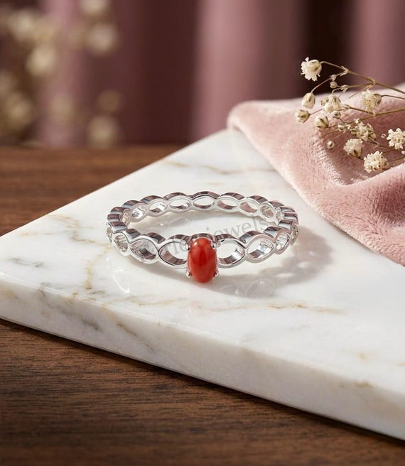 Natural Red Coral Ring, 925 Sterling Silver Dainty Ring, Oval Italian Coral Eternity Band, Minimalist, Handmade Gemstone Ring For Her.