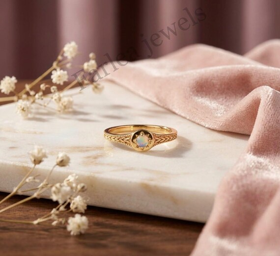 4mm Round White Opal Ring, Gold Tone, Vintage Inspired, Iridescent Gemstone Jewelry